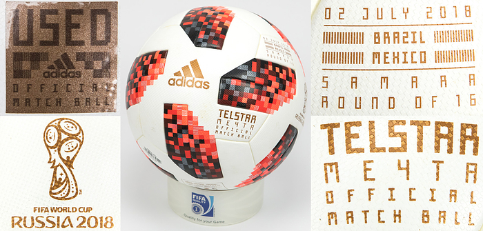  - World Cup 2018: Original match ball from the 2018 FIFA World Cup in Russia, used in the match between Brazil and Mexico on July 2, 2018. Features the imprint "ADIDAS Telstar 18 Official Match Ball. FIFA World Cup 2018," along with the specific match details: "02 July 2018 Brazil Mexico. Samara Round of 16." Includes an NFC chip for scanning and the official sticker reading "USED. Adidas official match ball." --— Showing some signs of match use. — This ball was used in this World Cup match! The consignor acquired this ball from the collection of a FIFA official! Condition: A-