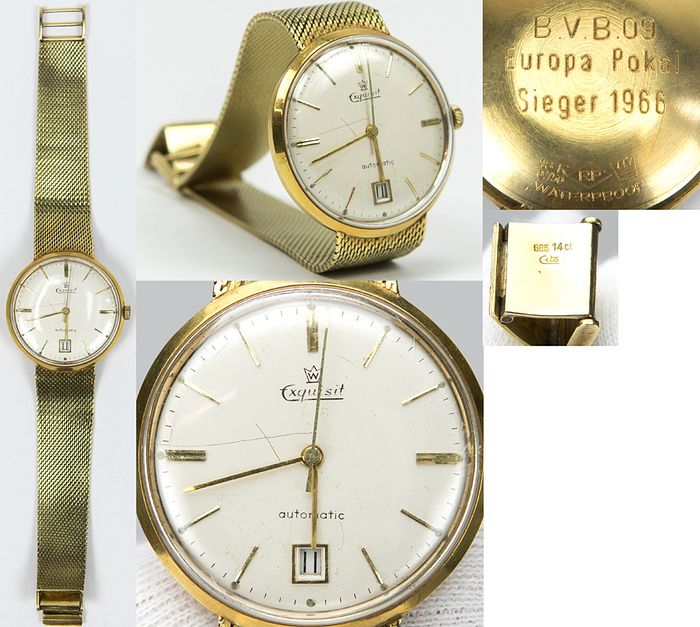 1Dortmund,Borussia-Goldene Uhr 1966  | Stan Libuda wurde 1966 mit Borussia Dortmund Europapokalsieger. Aus diesem Anlass schenkte Borussia Dortmund allen beteiligen Spieler eine goldene Uhr der Marke "Exquisit Automatic" mit Sekundenzeiger und Datumsanzeige. Auf der Rückseite wurde ein Erinnerungschriftzug eingraviert "BVB 09 Europa Pokalsieger 1966". Das Gehäuse ist aus Gold 18 k - 0,750 (gepunzt). Das Milanesearmband ist ebenfals aus Gold 14 k - 585 (gepunzt). Das Gesamtgewicht der Uhr beträgt 65 Gramm (das Uhrwerk ist nicht aus Gold). Persönliche Armbanduhr von Stan Libuda, der diese Uhr auch häufig getragen hat! Museumstück!