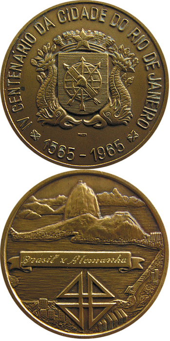  - Participation Medal: Large Official Medal issued by the Brazilian FA for the match Brazil vs Germany  in Rio on 6.6.1965, bronze with interesting reliefs and engravings, from the estate of a German Fa Official. Size 5cm, bronze. Condition: A