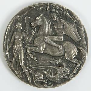 Siegermedaille 1908  | Siegermedaille von Alexander Petrow (1876-1941; Rußland Zarenreich) für den 2.Platz im Ringen Griechisch - Römisch Schwergewicht bei den Olympischen Spielen London 1908 mit der Aufschrift "Olympic Games London". Silber (21,56 Gramm), mit Randgravur "Second Prize Heavy Graeco - Roman Wrestling" und Randpunze "Vaughton", 3,3 cm. Sporthistorische Rarität! - Bild 3
