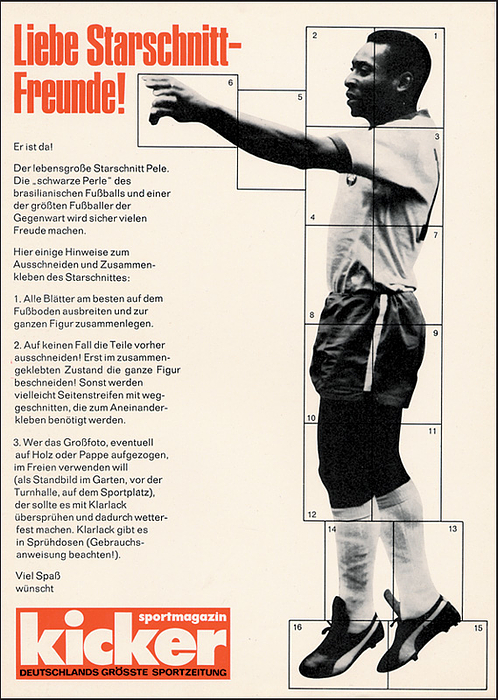 Starschnitt Pele  | Kicker-Starschnitt „Pele“ in Lebensgröße (170 cm) und in Farbe. 16 Teile (jedes Blatt 21x30 cm) und Titelblatt.