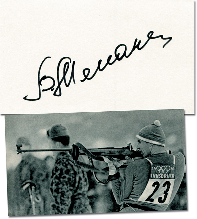 Melanin, Wladimir  | (1933-1994) Blancobeleg mit Originalsignatur Wladimir Michailowitsch Melanin (URS). Olympiasieger 1964 über die 20 Kilometer im Biathlon und jeweils Gold bei den Biathlon-Weltmeisterschaften von 1959, 1962 u. 1963 über 20 Kilometer sowie 1959, 1962 u. 1963 mit der Staffel. 14,5x10 cm.