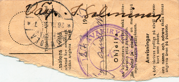 Salminen, Ilmari  | (1902-1986) Originalsignatur "Vääp I.Salminen" auf finnischen Posteinlieferungsbeleg Ilmari Salminen (FIN) vom 26.3.1951. Olympiasieger über 10.000 m bei den Olympischen Spielen 1936. 10,5x5 cm