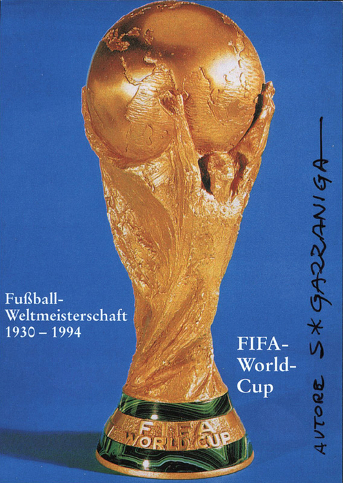  - (1921–2016) Hand-signed AGON card of the designer of the FIFA World Cup trophy, Silvio Gazzaniga—created by Bertoni in Milan as a perpetual trophy for the 1974 World Cup. 15 x 10 cm. --A very rare autograph!!! The signature was placed by Gazzaniga in black felt-tip pen along the right edge of the card. This signature is identical to the signature on the World Cup item. Condition: A