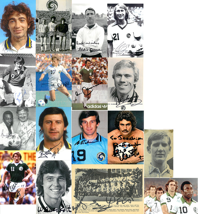  - Cosmos New York 1978–1981: 16 individually signed original items from the players—Chinaglia, Beckenbauer, Rijsbergen, and others. --14 repro photos, 1 autograph card, 1 magazine picture Condition: C-