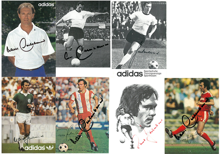 Beckenbauer, Franz  | 7 verschiedene Autogrammkarten mit original Signatur von Franz Beckenbauer im Nationaltrikot, Cosmos New York und Bayern München. Je ca. 10x15 cm.
