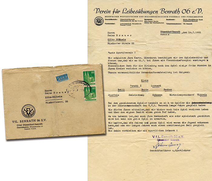 Hohmann, Karl  | (1908-1974) Maschinengeschriebener Brief des VfL Benrath mit Originalsignatur von Karl Hohmann. 26 A-LS, DFB-Nationalspieler von 1930-1937. 29x21 cm Dabei original Briefumschlag.