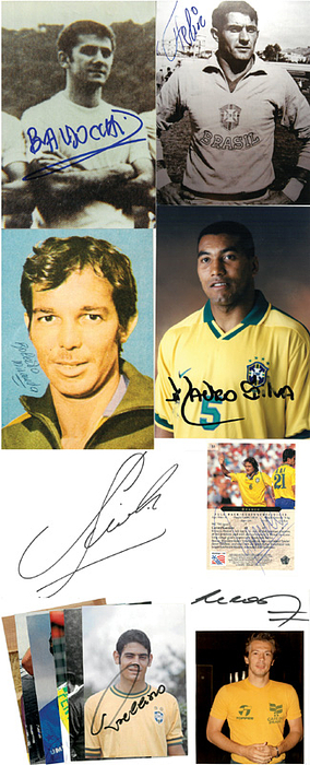  - 14 original autographs from the 1970, 1994, and 2002 World Cup-winning footballers: Piazza, Brito, Felix, Edu, Baldocchi, Roberto Miranda, Leao, Rivelino, Mauro Silva, Branco, Dunga, Viola, Juninho, Kleberson. 11 reproduction photos, 2 index cards, 1 trading card. Condition: A-