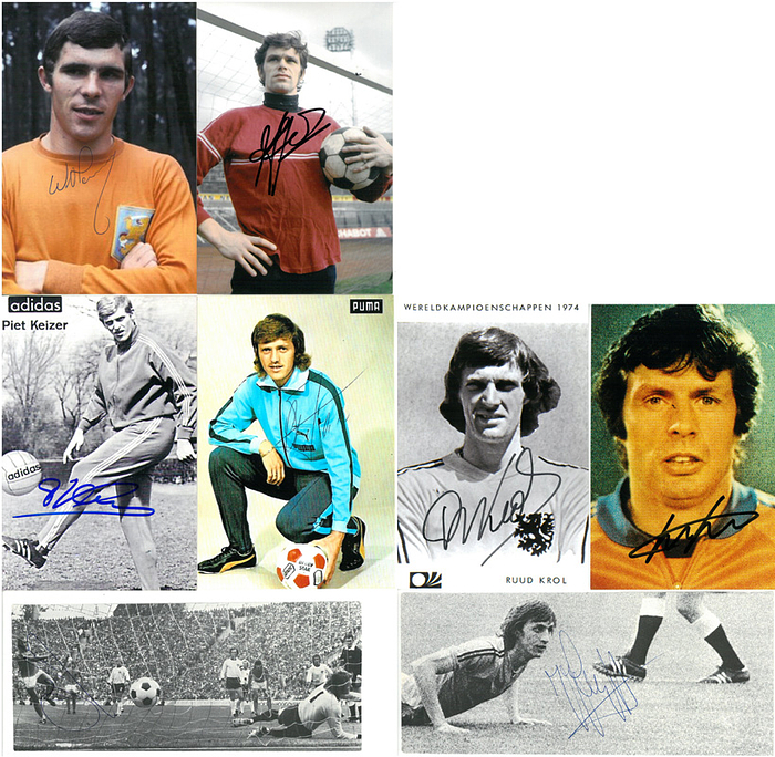 Niederlande WM1974  | 8 handsignerte Belege vom Vize- Weltmeister Holland von der Fußball - Weltmeisterschaft 1974: Cruyff, Neeskens, Krol, V.Hanegem, Suurbier,  Haan, Jongbloed und Keizer. 18x9 bis 15x10 cm.