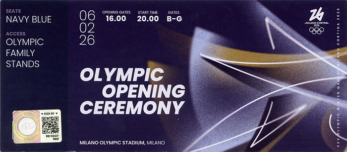 Eintrittskarte OSW2026  | Offizielle Eintrittskarte der Olympischen Winterspiele Mailand Cortina d´Ampezzo  2026. 6.2. Olympic Opening Ceremony. Karton, 20x9 cm. ORIGINAL TICKET!.