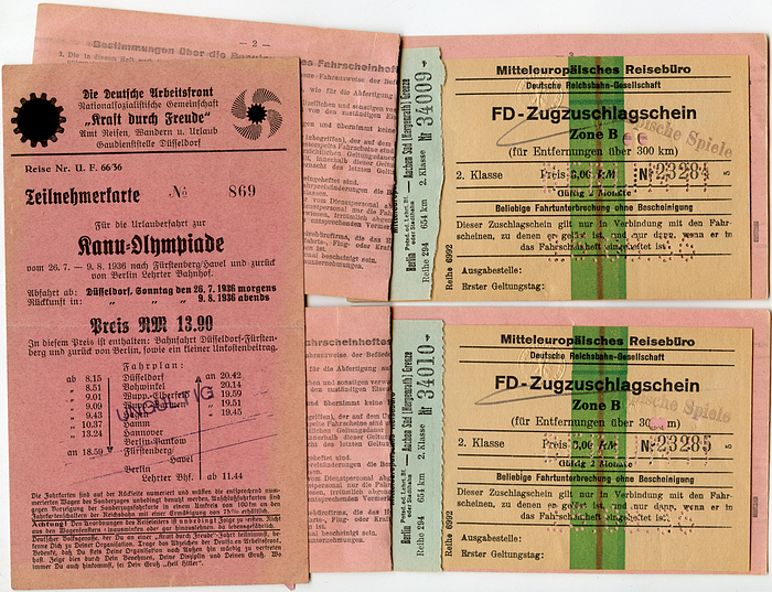 Teilnehmerkarte OSS1936  | Teilnehmerkarte No. 869. Kanu-Olympiade von der NS-Organisation "Deu Deutsche Arbeitsfront" und Kraft durch Freude". Karton 17x9,5 cm. Dabei: zwei Zugfahrtkarten it dem Stempel "Olympische Spiele". Je 12x8,5 cm.