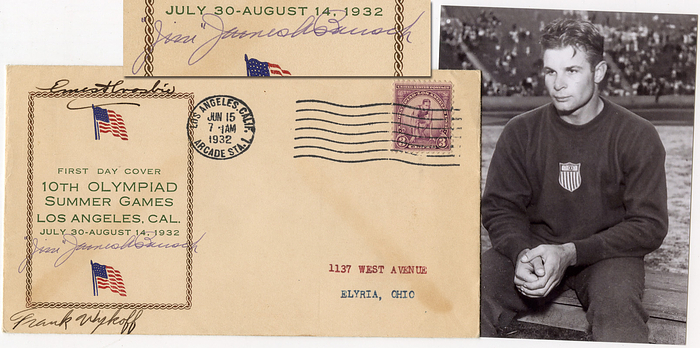 Bausch,Jim James  | (1906-1974) Ersttagsbrief von den Oympischen Spielen 1932 in Los Angeles mit der Originalsignatur von "Jim" James Bausch (USA). Goldmedaillengewinner Olympia 1932 im Zehnkampf. Weitere Signaturen von Ernest Crosbie (1909-1979 USA) 3facher Olympiateilnehmer im 50 km Gehen 1932, 1936 + 1948 und Frank Wykoff (1909-1980, USA) dreifacher Leichtathletik Olympiasieger 1928 - 1936 über 4x100m.16x9 cm.