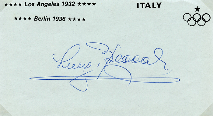 Beccali, Luigi  | (1907-1990) Originalsignatur auf Blancobeleg (5,5x4 cm) vom vGewinner der Goldmedaille bei den Olympischen Spielen 1932 und Bronze 1936 der Leichtathletik Luigi Beccali (Italien). 15,5x8,5 cm.