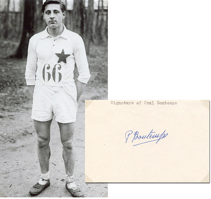 Bontemps, Paul  | (1902-1981) Blancobeleg mit original Signatur von Paul Bontemps (FRA). Bronzemedaille bei den Olympischen Spielen 1924 über 3.000 m Hindernis, 11,5x8  cm.