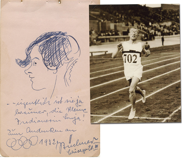 Büchner, Joachim  | (1905-1978) Handgeschriebene Schreibblockseite mit original Handzeichnung und original Signatur von Joachim Büchner (GER) datiert 20.3.1932 Chicago. Bronzemedaillen-Gewinner bei den Olympischen Spielen 1928 über 400 m Hürden. Teilnemer Olympiade 1932 ebenfalls über 400 m Hürden, 15,5x10 cm.