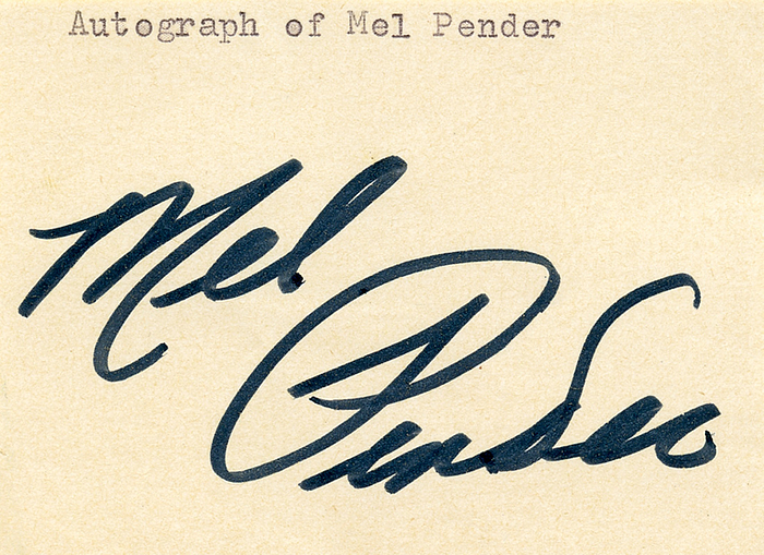 Pender, Mel  | Blancobeleg  mit original Signatur von Mel Pender (USA). Goldmedaille bei den Olympischen Spielen 1968 4x100 m, 8x6,5 cm.
