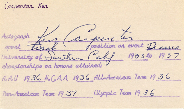 Carpenter, Ken  | (1913-1984) Original Autogramm auf Karteikarte von Ken Carpenter (USA). Goldmedaille Olympische Spiele 1936 im Diskuswerfen, 12,5x7,5 cm.
