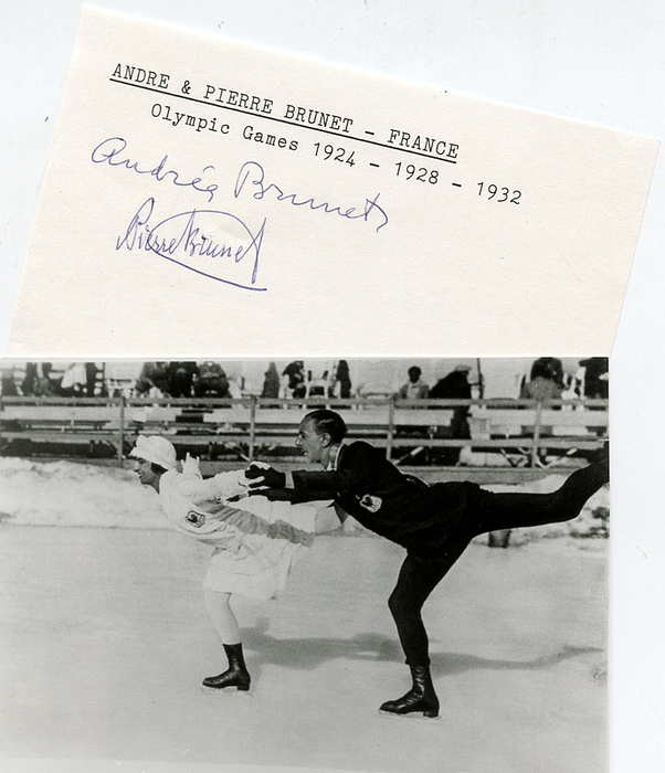 Brunet, Pierre / Brunet-Joly, Andrée  | Karteikarte original signiert von Pierre Brunet (1902-1991) und Andrée Brunet-Joly (1901-1993). Gewinner der Goldmedaille für Frankreich im Eiskunst-Paarlauf bei den Olympischen Spielen 1928 in St.Moritz und 1932 in Lake Placid, Bronze-Gewinner bei den ersten Olympischen Winterspielen 1924 in Chamonix. 12,5x8 cm.