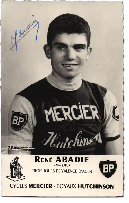 Abadie, René  | (1935-1996) S/W-Autogrammkarte mit original Signatur von René Abadie (FRA). Goldmedaille bei den Olympischen Spielen in der Mannschaftwertung Sraßenrennen für Frankreich, 14x9.