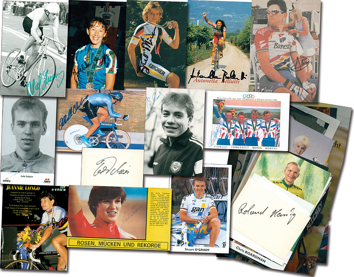 Radsport OSS 1988 1992 1996  | 115 original Signaturen Radsport Olympische Spiele 1988 (35x) 1992 (40x) 1996 (40x). 115 Medaillengewinner auf 40 Autogrammkarten und Fotos, 18 Reprofotos und 55  Blancobelege. 20x15 bis 8x6 cm.