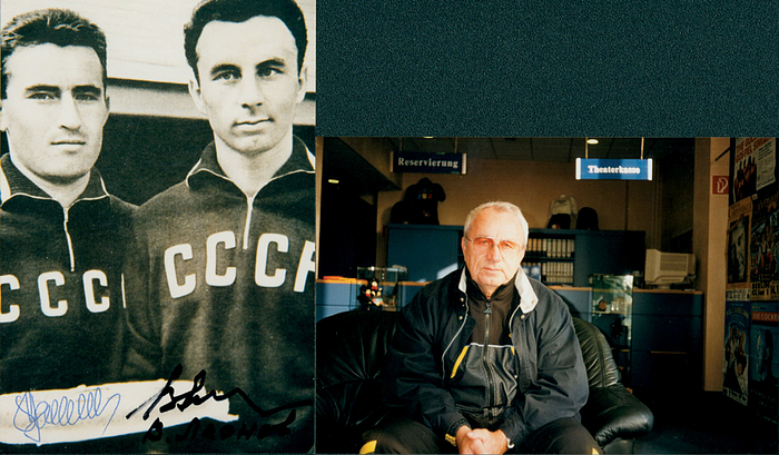 Wassiljew / Leonow  | S/W-Reprofoto mit den original Signaturen von Boris Wassiljew (1937-2000) / Wladimir Leonow beide UdSSR. Bronzemedaille bei den Olympischen Spielen 1960 im Radsport Tandem, 15x10 cm.