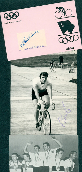 Bodnieks / Logunow  | Silbermedaille im Tandem für die UdSSR bei den Olympischen Spielen 1964 mit original Signatur von Imants Bodnieks (Blancobeleg 4,5x3 cm auf Karteikarte montiert, 15x9 cm. Selten) und Wiktor Logunow (1944-2022; S/W-Foto, 16x12 cm. Sehr selten!).