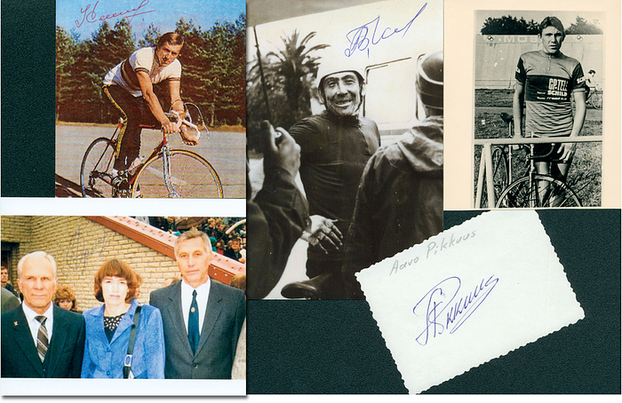 UdSSR OSS1976 Radsport  | Goldmedaille für die UdSSR im Radsport bei den Olympischen Spielen 1976 im Straßenrennen Team. Original Signaturen von Uladsimir Kaminski, Aavo Pikkuus, Waleri Tschaplygin, Anatoli Tschukanow (1954-2021). KOMPLETTES TEAM. 2 Fotos, 1 Reprofoto und 1 Blancobeleg,  15x10 bis 8x9 cm.