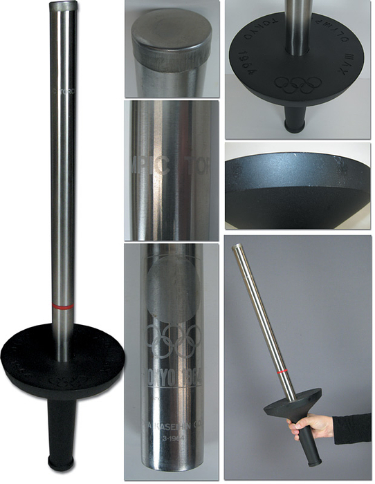 Olympic games Tokyo 1964. Official Torch - Original Olympic torch from the Summer Games in Tokyo 1964. Handle on black sprayed aluminium, instered afterburner pipe. Height 64 cm. Unused copy. Afterburner pipe closed. Minor traces of storage on handle. Condition: A-