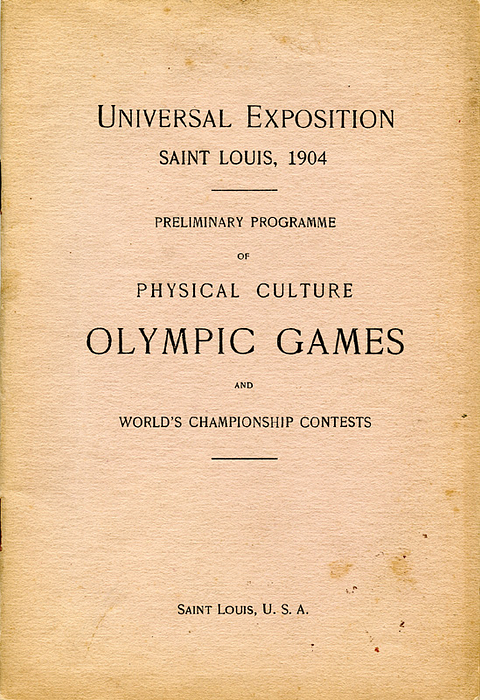 Olympic Games 1904. General programme - Programm of Olympic Games and World Championship Contests.  Universal Exposition Saint Louis 1904. 80 pages, 23x15 cm, cardboard, Saint Louis (1904).. Extremely rare official programme of the Olympic Games in St. Louis 1904. They took place during the World Exhibition in St. Louis 1904. Contianing rules and prizes of all events. Nice copy! Condition: C