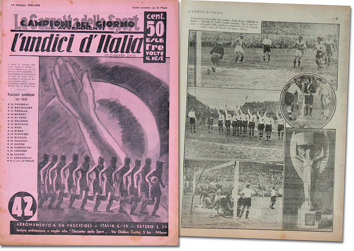 World Cup 1934. Rare Italian Final  Programm - The only souvenir programme of the World Cup final 1934 Italy vs Czechoslovakia (2:0) which could be bought before the match. With the complete history of all matches the two teams played against each other, detailed portraits of the players of the Italian team and the complete way the Italian team had to follow until the final match. Review of the 3rd place match between Germany and Austria with photos. No line-ups for the final but two team photos of Italy and Czechoslovakia only. 24 pages with 51 bw photos of the World Cup 1934 27,5x20,5 cm, Milan, Gazetto dello Sport, 1934. Condition: C+