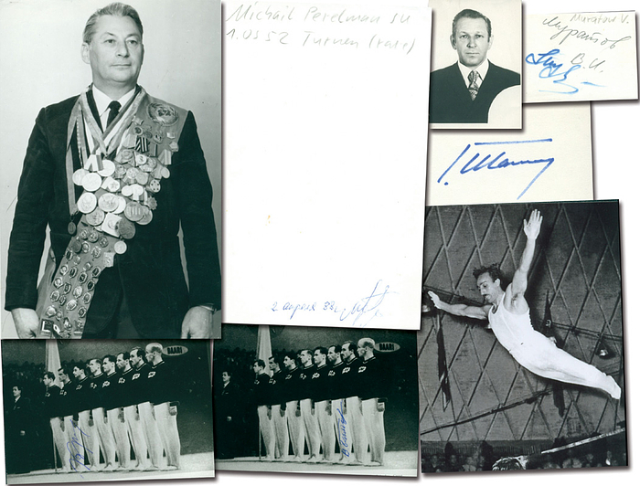 UdSSR Turnen OSS1952  | Olympische Spiele 1952 Goldmedaille mit dem Team der UdSSR im Turnen: 5 original Signaturen: Wladimir Beljakow (1918-1996; S/W-Foto), Jewgeni Korolkow (1930-2014, Silber Pferd 1952; S/W-Foto), Walentin Muratow (1928-2006, 4x Gold 1x Silber 1952+1956. Passfoto, Signatur auf der Rückseite), Michail Perlman (1923-2002; S/W-Foto, Signatur auf der Rückseite), Hrant Schahinjan (1923-1998, 2x Gold 2x Silber 1952 +1956, Blancobeleg mit S/W-Reprofoto).  16x10,5 bis 6x4 cm.