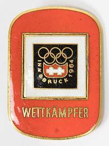Participation badge:Olympic Games 1964 Athlets - Participation badge Olympic Games 1964 Athletes. Bronze, with coloured enamel, red background, Olympic Emblem and the word „Wettkämpfer“ (Athlet). Size 3x4.2 cm, Condition: A - Bild 2