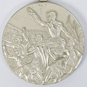 Siegermedaille 1984  | Silbermedaille "XXIII Olympiad Los Angeles 1984" für den zweiten Platz bei den Olympischen Spielen 1984 im Handball der Herren für Deutschland. Mit Randgravur "Handball Men". Silber (137 Gramm) mit Seidenband. 6 cm. - Bild 3