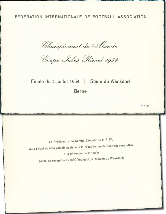 Eintrittskarte WM1954  | Finale in Bern, 4.Juli 1954, (Deutschland - Ungarn 3:2). Championate du Monde Coupe Jules Rimet 1954. Karton, 15x10,5 cm.
