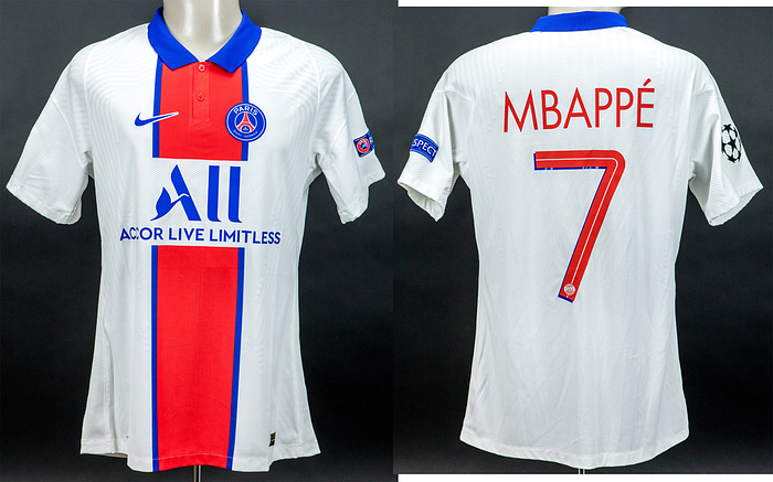  - Original match-worn / issued shirt Paris Saint-Germain (PSG) with the number 7. Worn by Kylian Mbappe in a UEFA Champions League match during the 2023/2024 season. Mbappe is a 2018 FIFA World Cup winner with France. Status: ABC --Short-sleeved jersey with button placket; size L; rubberized club emblem, Nike logo, and 'Accor Live Limitless' advertising print; rubberized back number and player name; with CL Starball patch and UEFA Respect patch; Nike Vaporknit. Condition: A