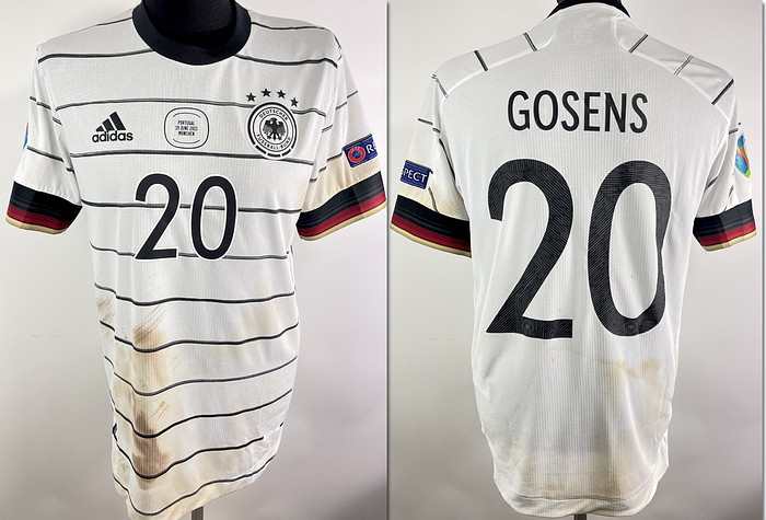  - Original match-worn DFB player shirt with the number 20. Worn by Robin Gosens in the European Championship match against Portugal on June 19, 2021 in Munich. Shirt comes from the collection of a former DFB employee. Set consists of jersey and shorts. Status: AAB  Short-sleeved jersey; size 50; DFB logo, rubberized Adidas manufacturer logo, match detail, rubberized player number and player name; flocked European Championship patch and Respect patch; Adidas HEAT.RDY; 100% polyester; Made in Cambodia; Condition: A