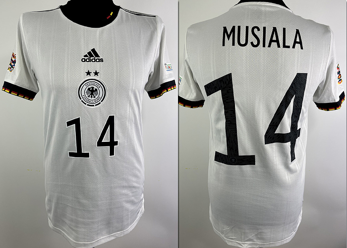  - Original match-worn / issued DFB player shirt with the number 14. Worn by Jamal Musiala in the Nations League match against England on June 7, 2022, in Munich. Short-sleeved shirt; size S; embroidered DFB logo, Adidas manufacturer logo, and stars, rubberized player number and name, flocked Nations League patch, flocked Foundation patch; 100% polyester; Made in Vietnam; Jersey comes from the collection of a DFB employee Condition: A