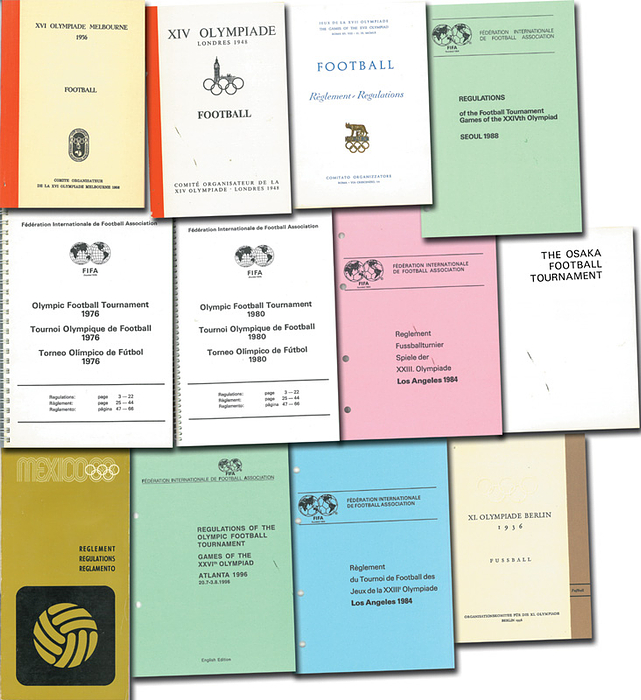 Reglements Fußball 1936 - 1996  | Sammlung 12 offizielle Reglements für Fußball von den Olympischen Spielen 1936 - 1996.