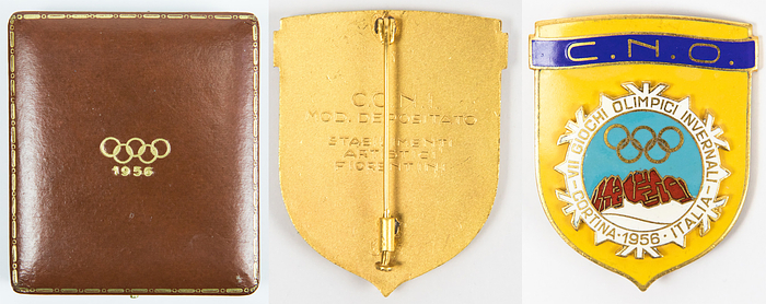 Olympic Winter Games 1956. Participation badge - 1956 Winter Olympics Cortina d'Ampezzo. Official participant badge with the inscription "C.N.O." (NOC). Bronze, gold-plated, color enameled, 5 x 4 cm. In original leather box with the Olympic rings and the year "1956" (9 x 8 x 2.2 cm). --(Ebel 1956-W003). 70 badges were issued! Condition: A-