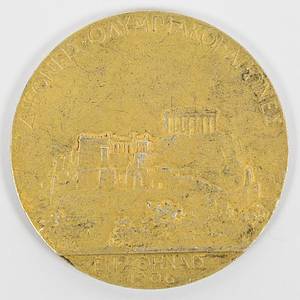 Siegermedaille 1906  | Goldene Siegermedaille für einen 1.Platz bei den Olympischen Spielen Athen 1906 mit griechischer Aufschrift. Mit Randgravur "Argent" (Silber). Silber (59 Gramm), vergoldet. 5 cm. - Bild 2