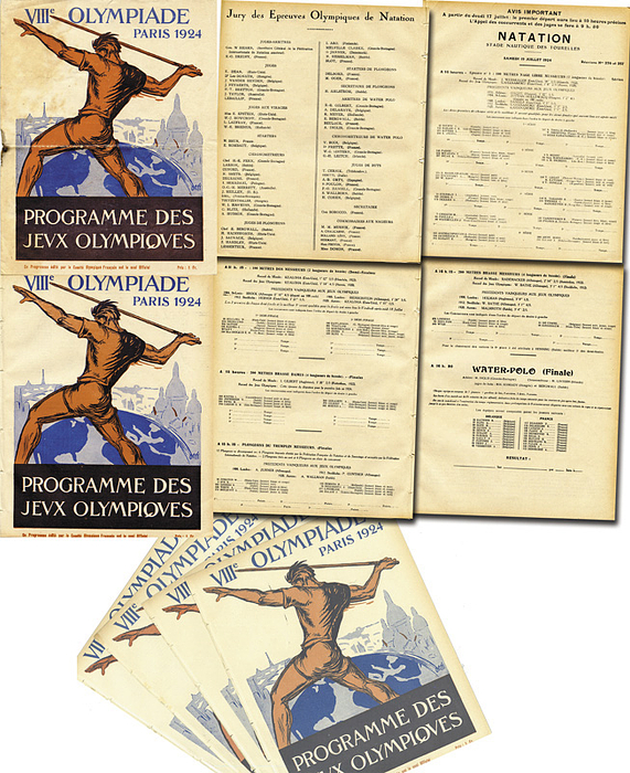  - 8 program books VIIIe Olympiad Paris 1924. Program des Jeux Olympiques. Mardi 15 Juillet. Reunion No. 245+246 to 258+259. Natation Waterpolo (July 13th to July 20th). Each 8 pages, 27x21.5 cm Complete set from the Olympic water polo tournament and the swimming competitions! --Very rare daily program from the Paris 1924 Olympic Games with the complete water polo tournament and all swimming events. The 13 teams involved in the water played a tournament in the Bergvall system, with Belgium, Ireland and Spain having a bye in the first round. After the quarter-finals and the semi-finals, the Olympic champion was determined in the final (July 17, France v Belgium). In another knockout round, the teams that lost to the Olympic champions played for the silver medal. The loser of this round then played in the bronze game against the teams that had lost to the losing finalist. ----Programs were bound, now loose, therefore minor damage to the fold. Only the program from July 18th. There is no evidence of this damage, but there is a small charred spot in the fold and a crease in the middle. Condition: C