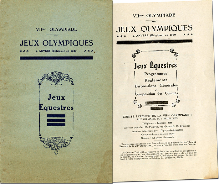 Programme: Olympic Games 1920. Equestrian - VIIme Olympiade. Jeux Olympiques á Anvers en 1920. Escrime Programme and general rules for the equestrian competitions at the Olympic Games 1920. 32 pages, 12.5x20.5 cm, softback, illustrations, Antwerp 1920 Condition: C+