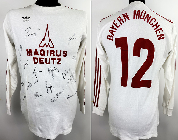  - Original match-worn FC Bayern Munich shirt, number 12, worn by Wolfgang Kraus. Worn in a Bundesliga match during the 1981/82 season. Condition: ABB  Long-sleeved shirt; size L; Adidas logo applied; sponsor logo Magirus Deutz, club name, and player number flocked; 100% cotton; Made West-Germany ; Condition: A