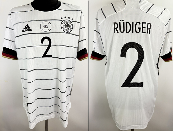 DFB - Trikot 2021 EM  | Original match worn DFB Spielertrikot mit der Nummer 2. Getragen von Antonio Rüdiger  im Europameisterschaftsspiel Spiel gegen Portugal am 19.06.2021 in München.Trikot stammt aus der Sammlung eines ehemaligen DFB-Mitarbeiters. Set besteht aus Trikot und Hose. StatusAAB.