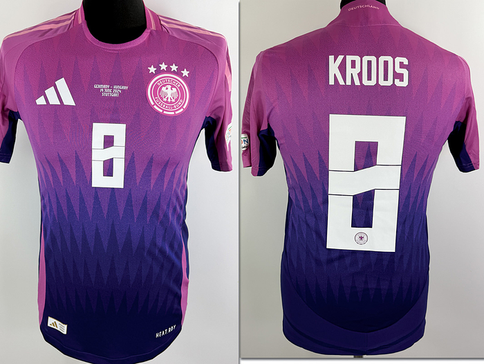  - Original match-issued DFB player shirt with the number 8, worn by Toni Kroos. Prepared for the match against Hungary on June 19, 2024, in Stuttgart. The jersey comes from the collection of a former DFB employee. Condition: AAB. Short-sleeved shirt; size S; DFB logo, rubberized Adidas logo, rubberized match details, player number and name; flocked European Championship patch and Foundation patch; Adidas HEAT.RDY; 100% polyester; made in Vietnam; Condition: A