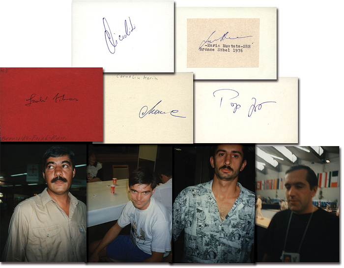 Rumänien Fechten OSS1984  | Bronzemedaille im Fechten Säbel Mannschaft für Rumänien bei den Olympischen Spiele 1984. Original Signaturen von: Alexandru Chiculi?a, Corneliu Marin, Marin Musta?a (1954-2007; Bronze 1976. SELTEN); , Ioan Pop (Bronze 1976), Vilmo? Szabo. KOMPLETTES TEAM. Blancobelege, 10,5x7,5 cm.