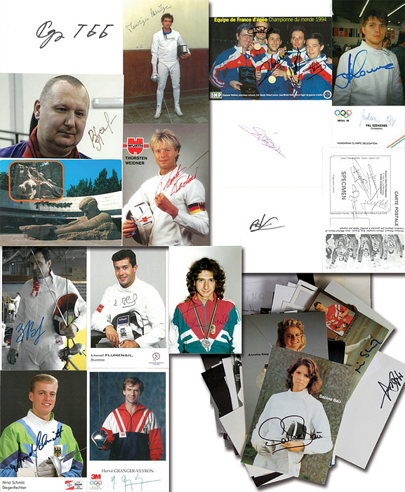 Fechten OSS 1988 - 1996  | 139 verschiedene original Signaturen von Medaillengewinner im Fechten bei den Oympischen Spielen 1988 bia 1996. 1988 (46x), 1992 (58x), 1996 (35x). Autogrammkarten, Fotos, Karteikarten, Balncobelege. 15x10 bis 6x5 cm.