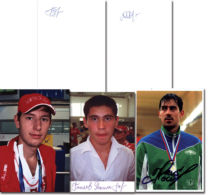 Russland Fechten OSS2004  | Bronzemedaille im Fechten Florett Team für Russland bei den Olympischen Spielen 2004. Original Signaturen von: Renal Ganejew (AK), Juri Moltschan, Ruslan Nassibullin (Reprofoto), Wjatscheslaw Posdnjakow. KOMPLETTES TEAM. Je 15x10 cm.