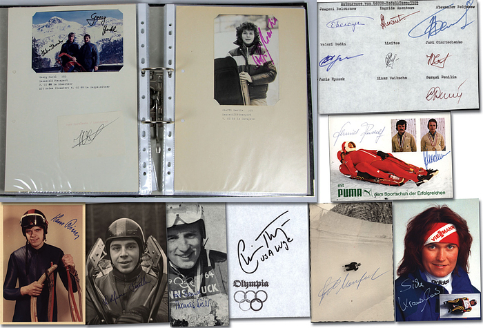 Rodeln 1964-2002  | Original Signaturen alle Medaillengewinner im Rodeln Damen und Herren der Olympischen Winterspiele 1964 - 2002! Ca. 117 Autogramme auf Fotos, Autogrammarten, Magazinfotos, Reprofotos und Blancobeleg. 20x15 bis 6x5 cm Fast KOMPLETTE SAMMLUNG, es fehlt nur S.Maier (Italien 1964)!.