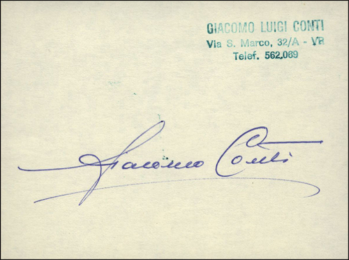 Conti, Giacomo  | (1918-1992) Blancobeleg mit original Signatur von Giacomo Conti (ITA). Goldmedaille im Zweierbob bei den Olympischen Spielen 1956, 10x7,5 cm.